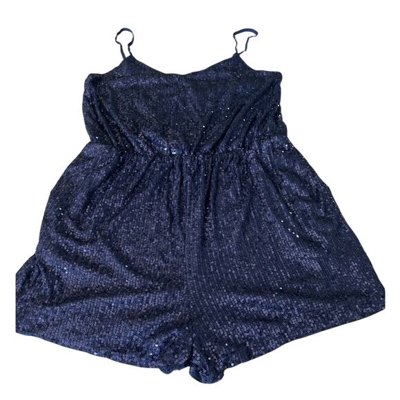 Navy Blue Sequin Knit Romper Woman Size XL Elastic Waist Pockets Lined Clubwear - Picture 4 of 12